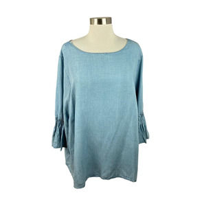 J. Jill Denim NEW Blue Chambray Smocked Bell Sleeve Blouse Size 2X